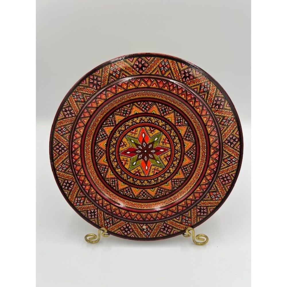 Vintage Hand Painted Hutsul Wooden Plate Ukrainian Folk Art Geometric 9.5 Inch